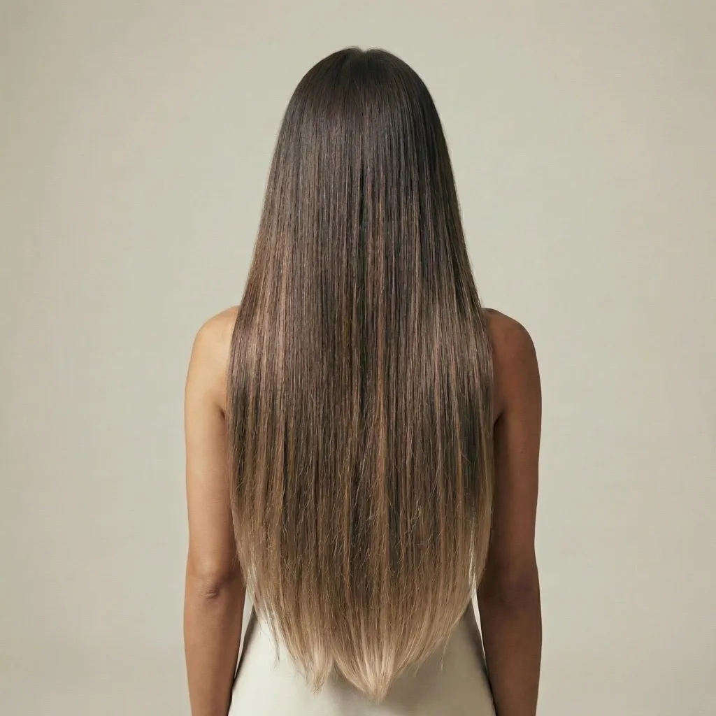 Rückansicht von langem glattem braun-blondem Haar