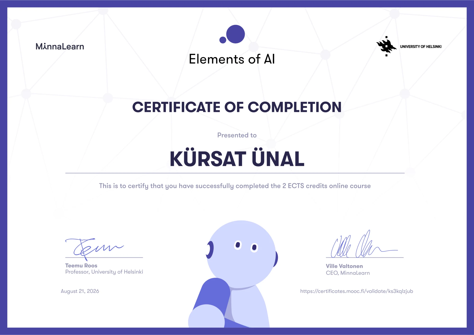 Elements of AI Certificate of Completion für Kürsat Ünal mit einem Kursumfang von 2 ECTS